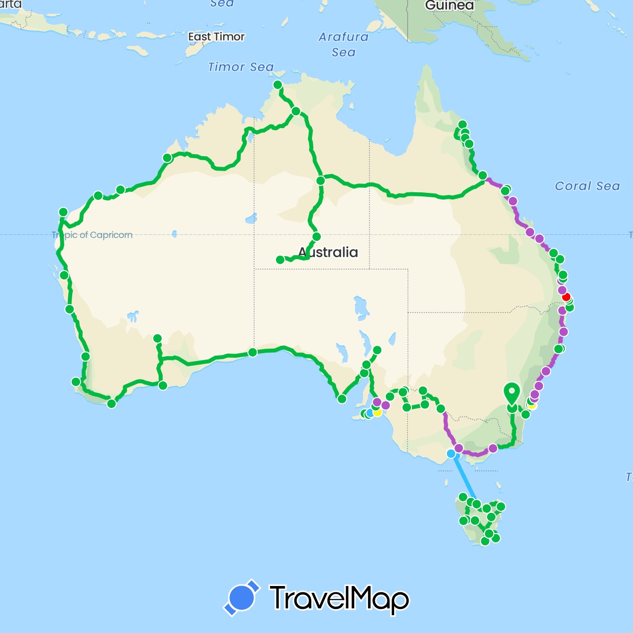 TravelMap itinerary: driving, bus, train, boat, taxi, tram in Australia (Oceania)